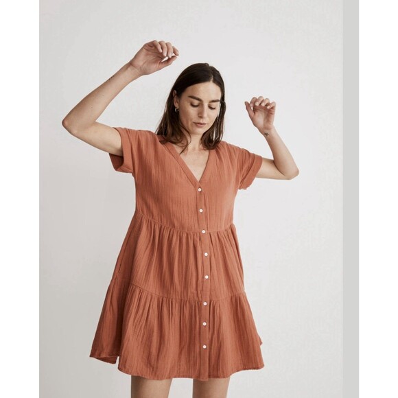 Madewell Lightspun Cuff Sleeve Button Front Tiered Dress Orange V Neck Medium - Picture 2 of 14